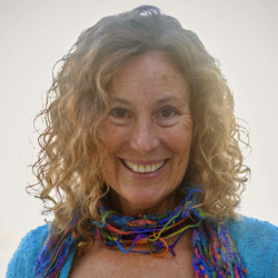 Woman with curly blond hair smiling into the camera. She is wearing a blue jumper and a colourful scarf.